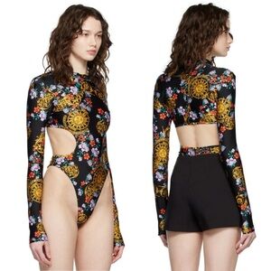 VERSACE JEANS COUTURE Sunflower Garland Black Printed Floral Longsleeve Bodysuit